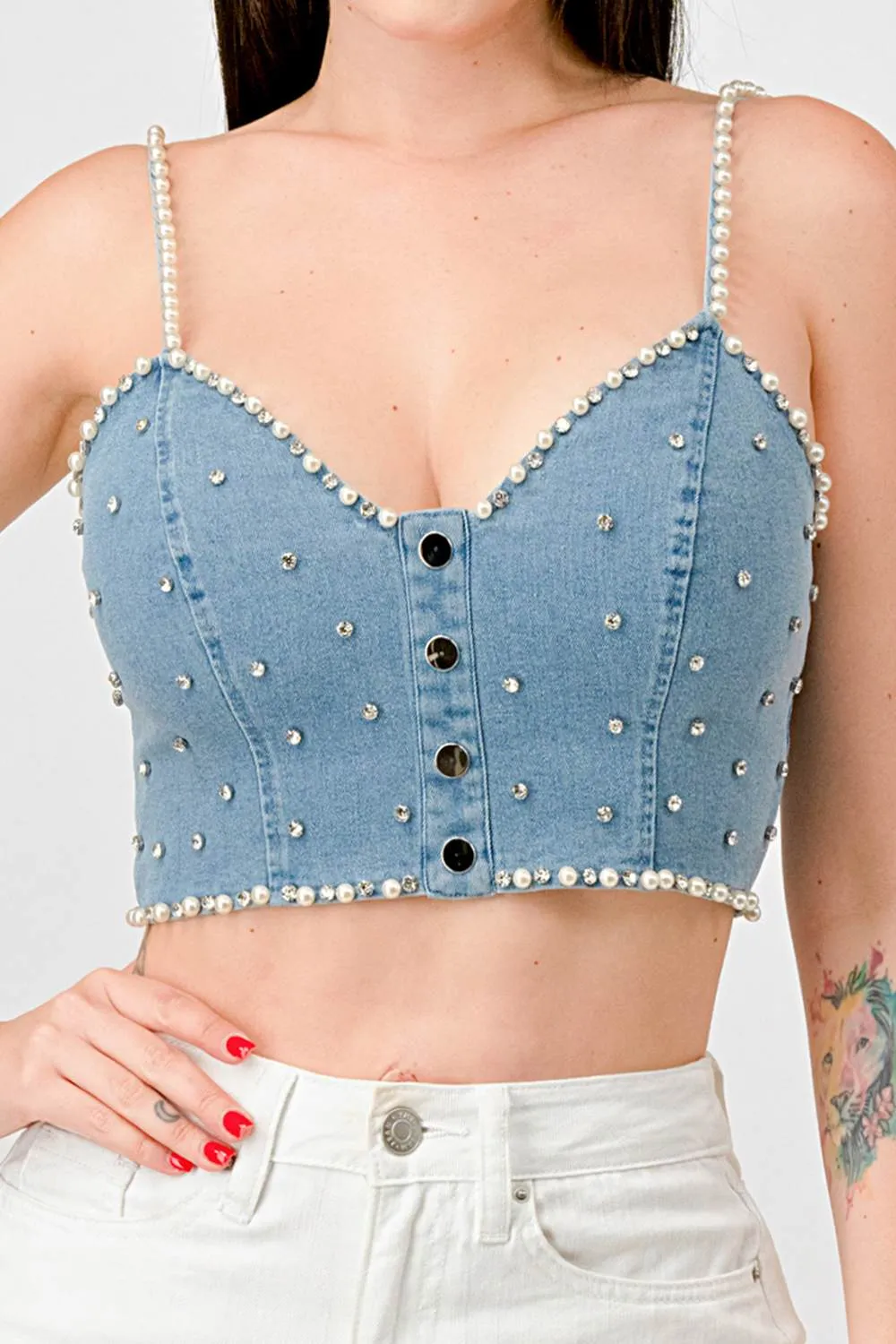 LUXE RHINESTONES EMBELLISHED DENIM BUSTIER TOP sold by privy product image thumbnail 5
