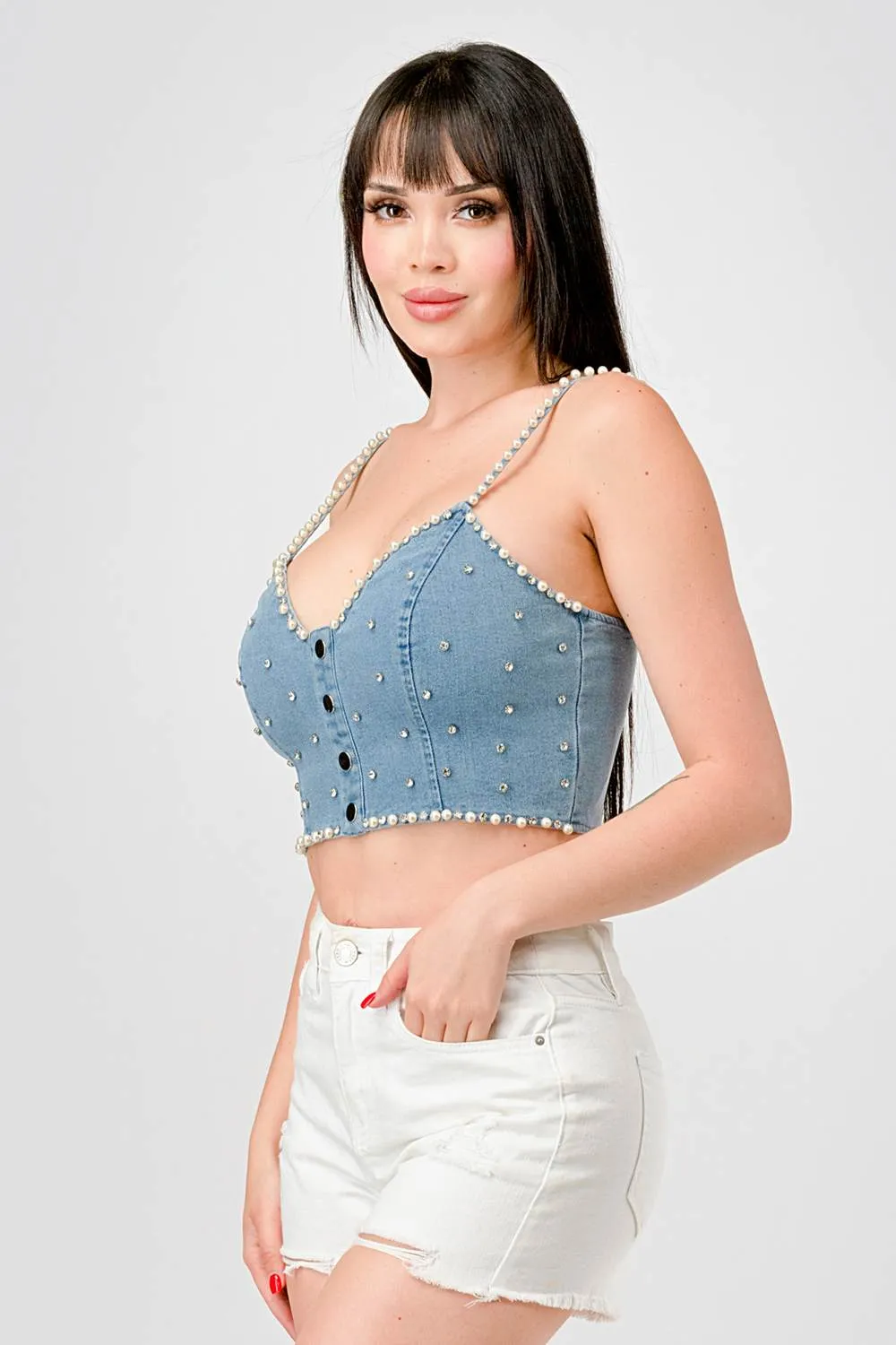 LUXE RHINESTONES EMBELLISHED DENIM BUSTIER TOP sold by privy product image thumbnail 2