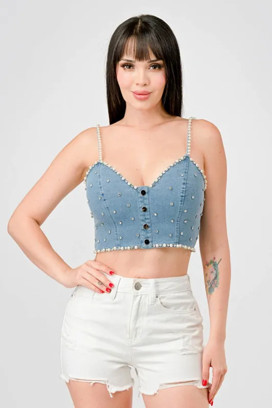 LUXE RHINESTONES EMBELLISHED DENIM BUSTIER TOP sold by privy