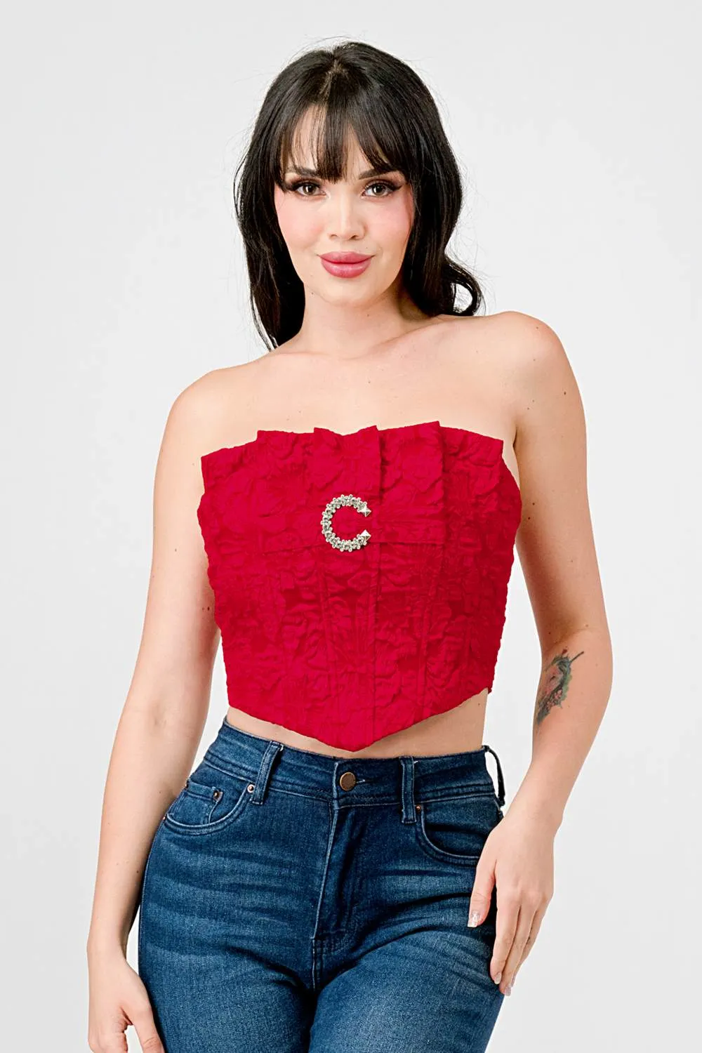 LUXE STRETCH SATIN JACQUARD RUFFLED BUSTIER TOP sold by privy