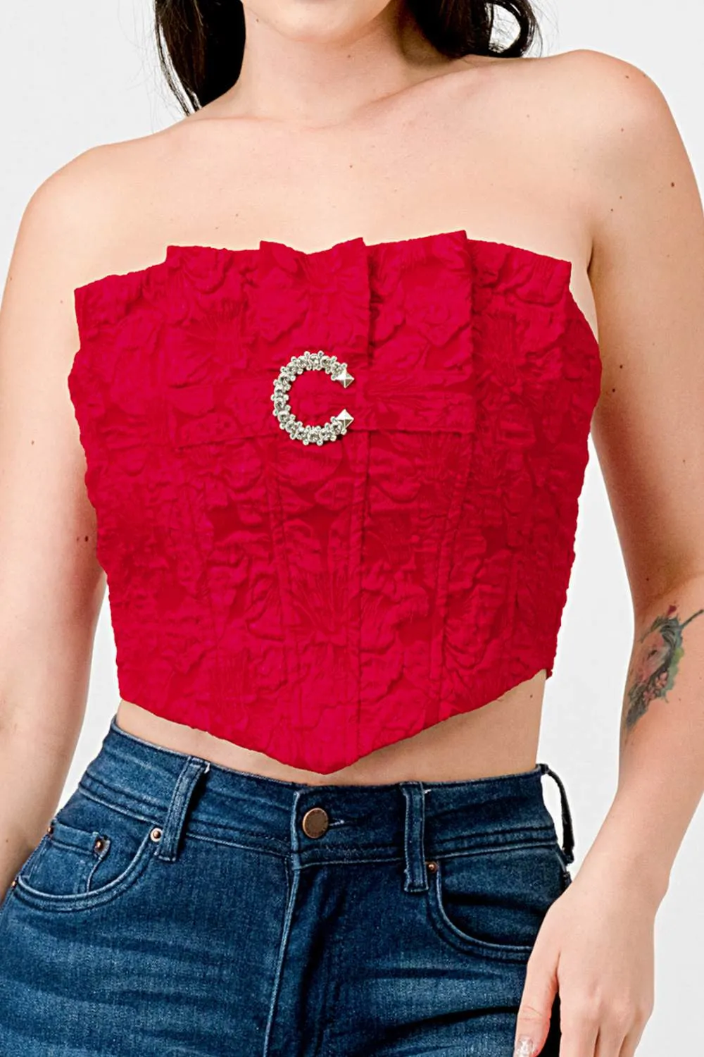 LUXE STRETCH SATIN JACQUARD RUFFLED BUSTIER TOP sold by privy product image thumbnail 5