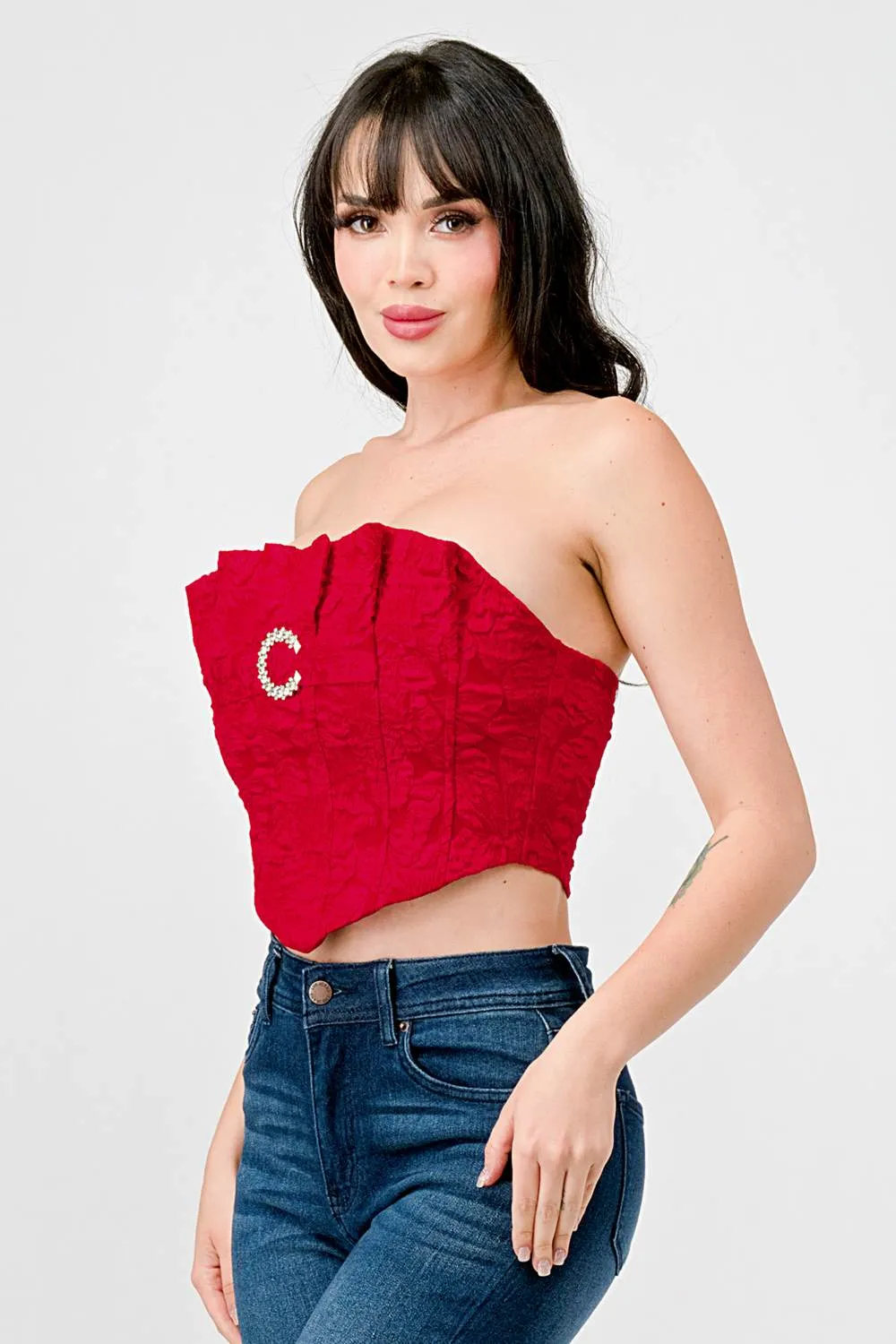 LUXE STRETCH SATIN JACQUARD RUFFLED BUSTIER TOP sold by privy product image thumbnail 2