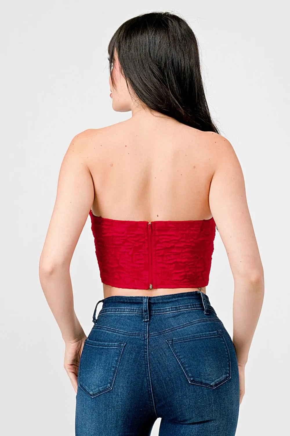 LUXE STRETCH SATIN JACQUARD RUFFLED BUSTIER TOP sold by privy product image thumbnail 3