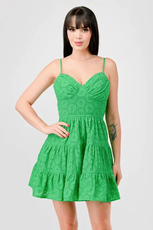 EMBROIDERED EYELET WOVEN SMOCKED TIERED MINI DRESS sold by privy