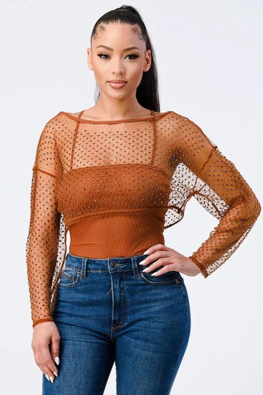 RHINESTONE FISH NET MESH BACK TIE BODYSUIT sold by privy