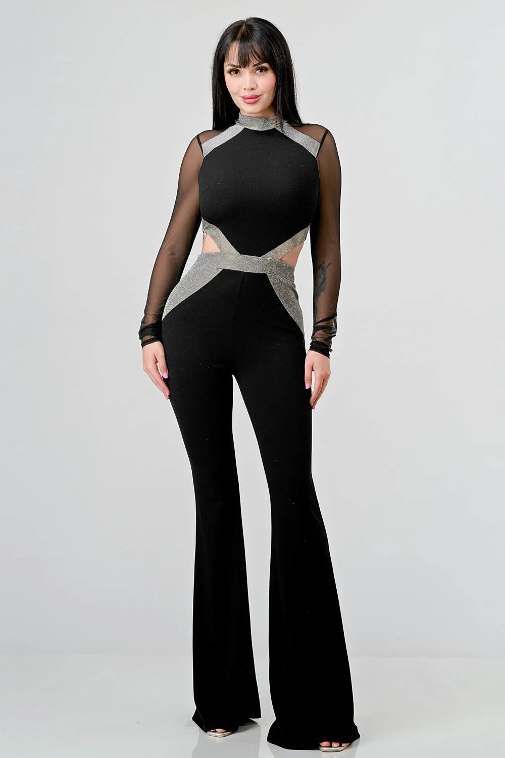 LUXE CREPE MESH SHINY CUT OUT FLARE LEG JUMPSUIT sold by privy