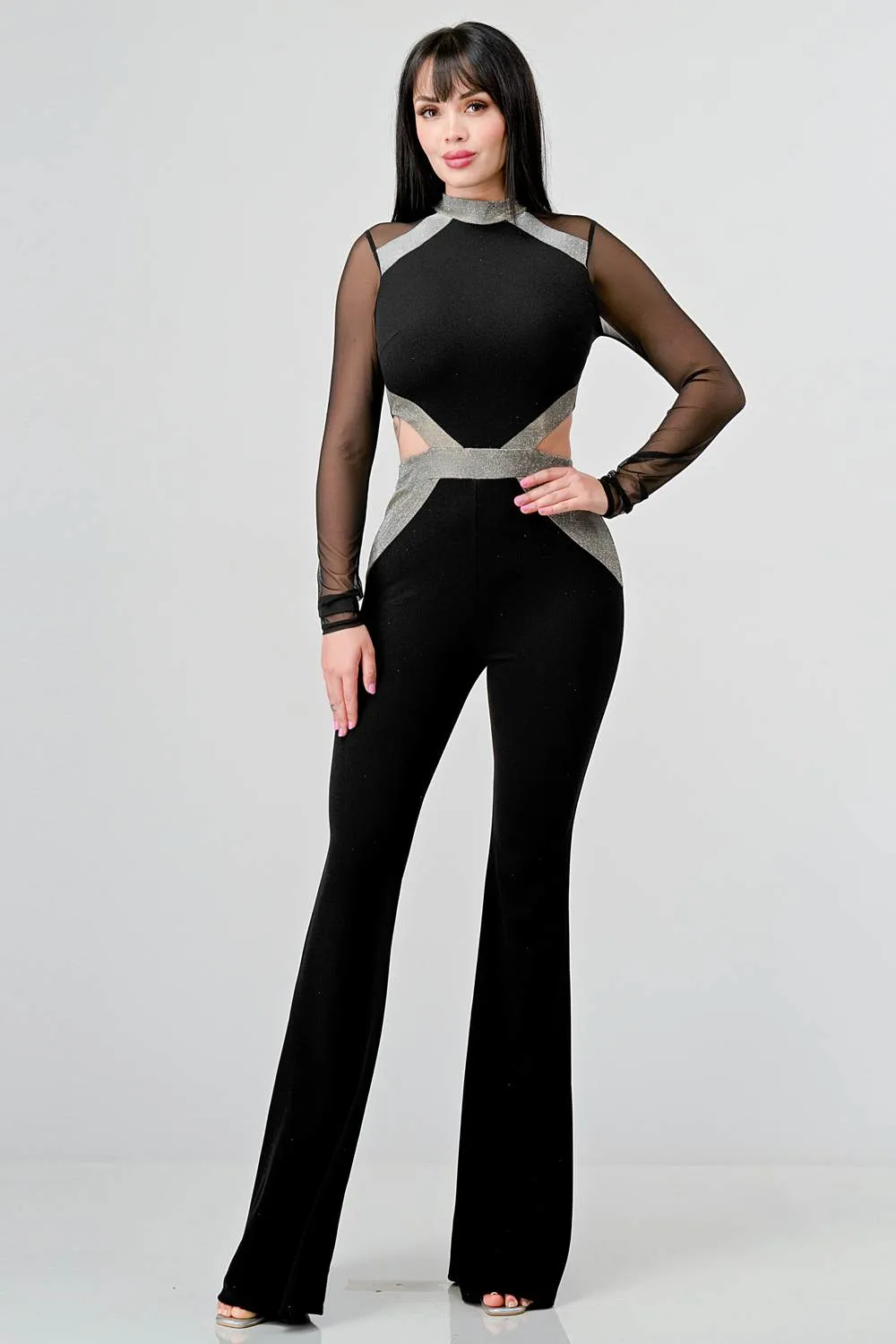LUXE CREPE MESH SHINY CUT OUT FLARE LEG JUMPSUIT sold by privy product image thumbnail 5