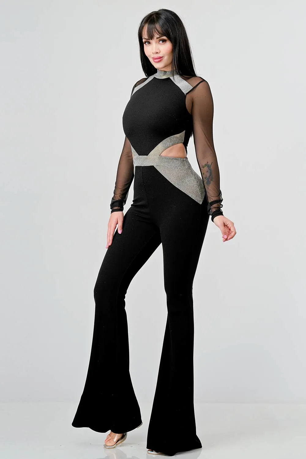 LUXE CREPE MESH SHINY CUT OUT FLARE LEG JUMPSUIT sold by privy product image thumbnail 2