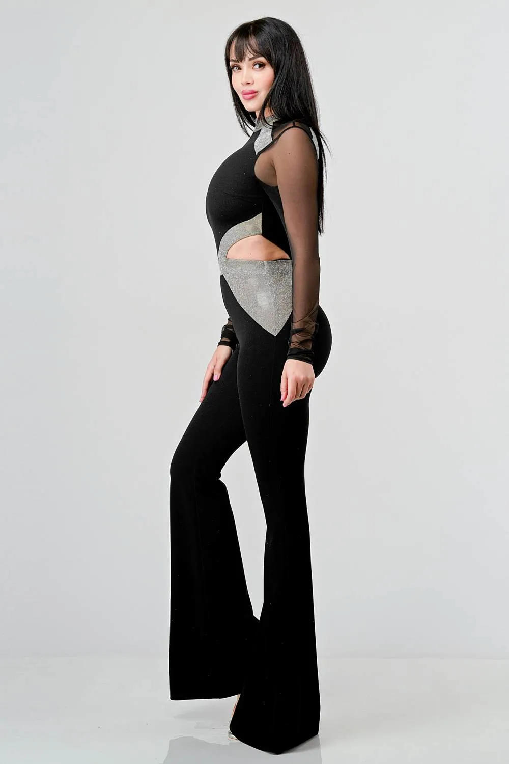 LUXE CREPE MESH SHINY CUT OUT FLARE LEG JUMPSUIT sold by privy product image thumbnail 3