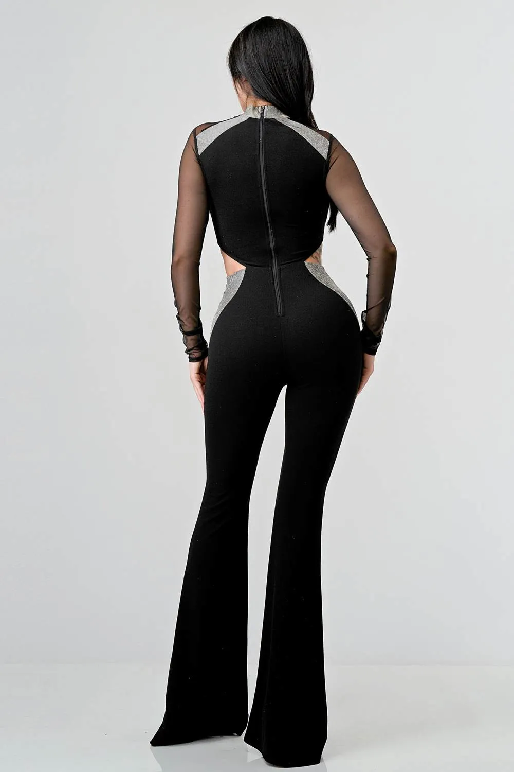 LUXE CREPE MESH SHINY CUT OUT FLARE LEG JUMPSUIT sold by privy product image thumbnail 4