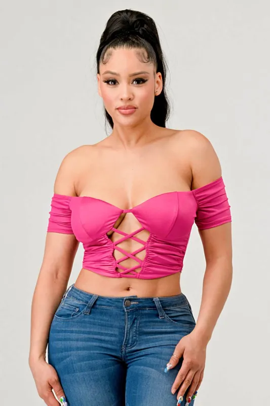 SEXY SUPER STRETCH OFF SHOULDER LACE UP CROP TOP sold by privy
