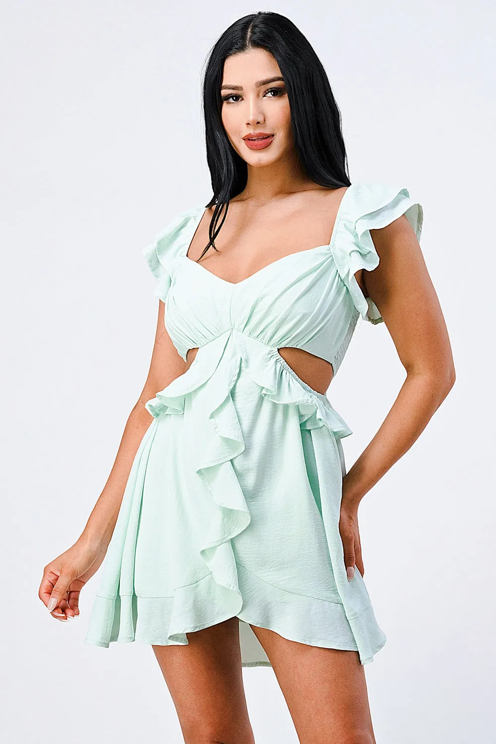 PD76088N-W / CUTE RUFFLED SIDE CUTOUTS DRAPED DRESS sold by privy