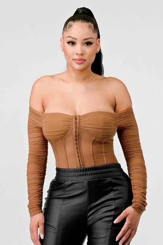 LUXE MESH SWEETHEART OFF SHOULDERCORSET BODYSUIT sold by privy