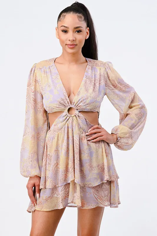 PD75947K-W / PRINT V-NECK SELF BELTED SIDE CUTOUT RUFFLED DRESS sold by privy