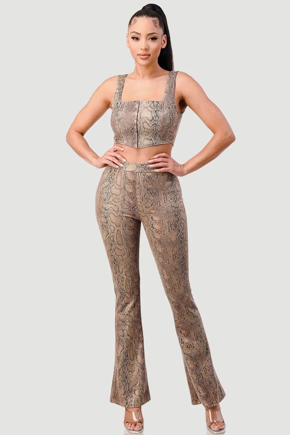 STRETCH SNAKE SUEDE TOP AND FLARE PANTS SET sold by privy