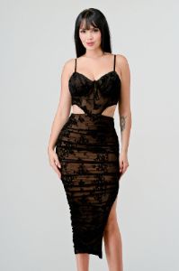 PD74359E / VELVET MESH FLOCKING CUTOUTS SIDE SLIT DRESS sold by privy