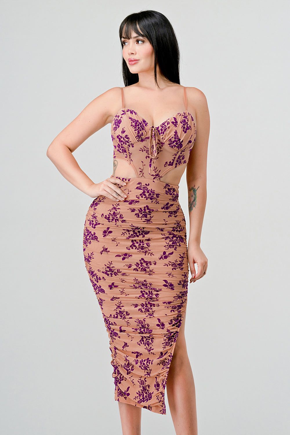 PD74359E / VELVET MESH FLOCKING CUTOUTS SIDE SLIT DRESS sold by privy product image thumbnail 4