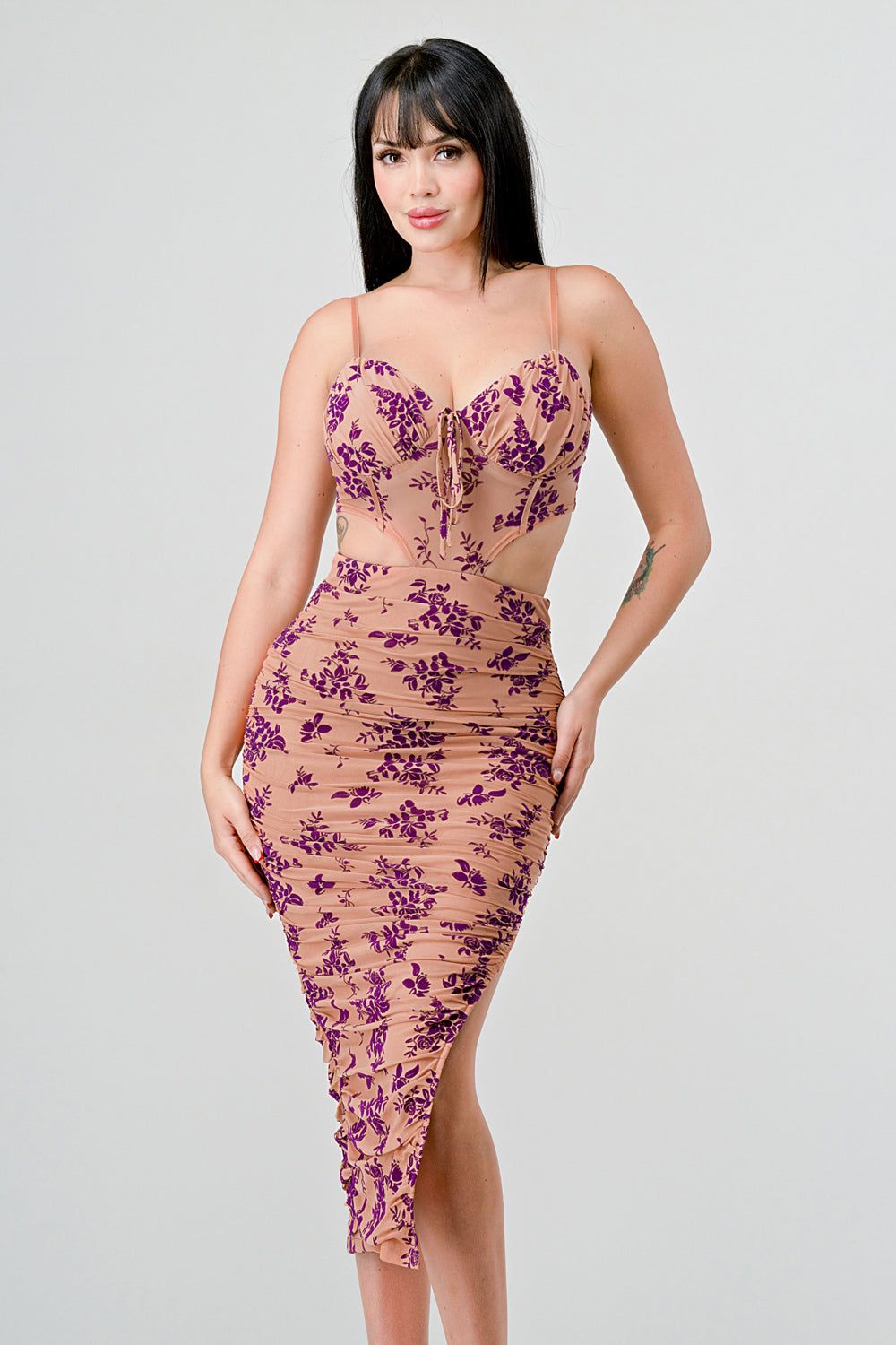 PD74359E / VELVET MESH FLOCKING CUTOUTS SIDE SLIT DRESS sold by privy