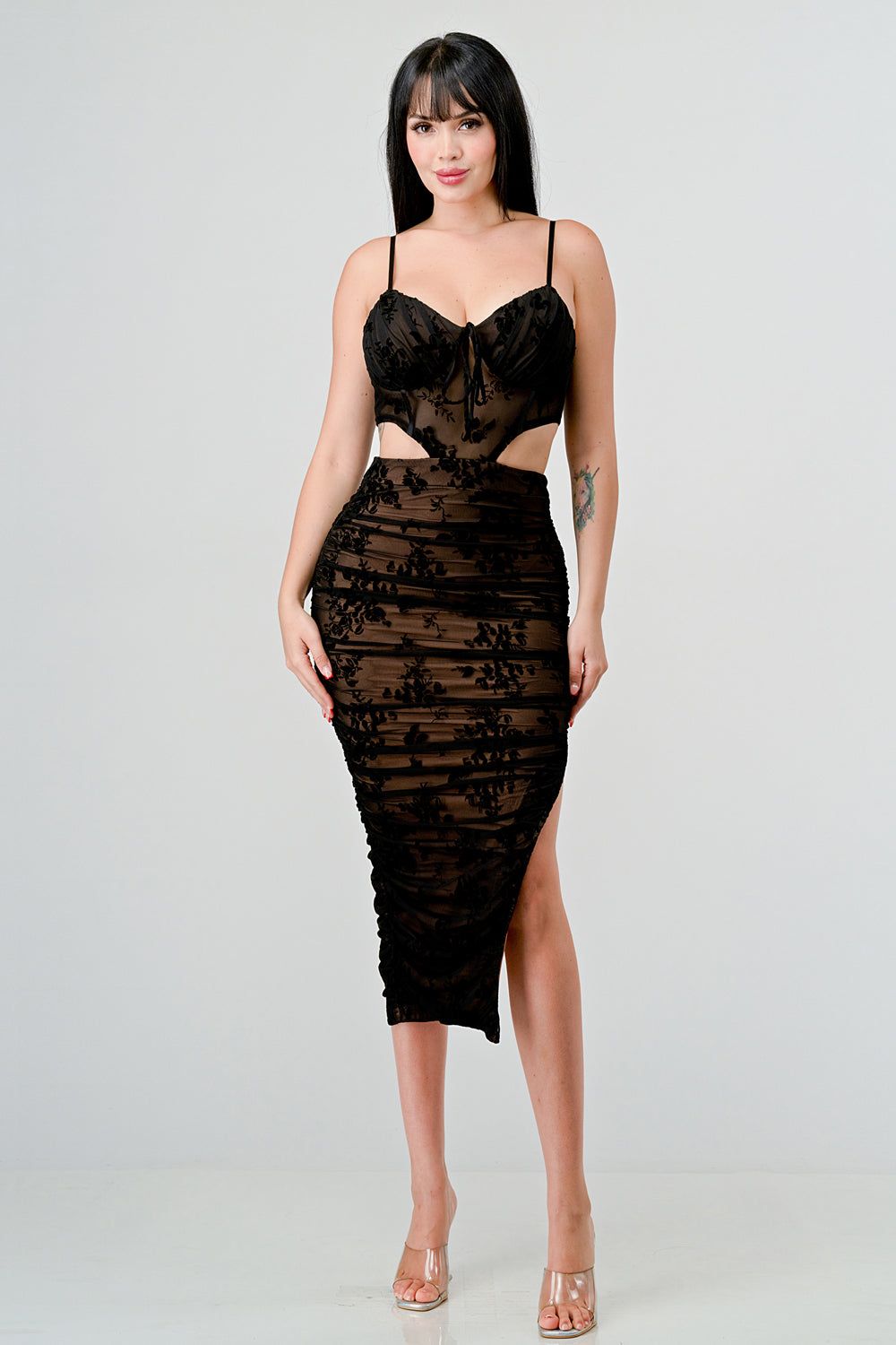 PD74359E / VELVET MESH FLOCKING CUTOUTS SIDE SLIT DRESS sold by privy product image thumbnail 11