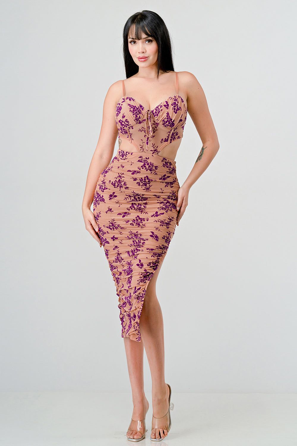PD74359E / VELVET MESH FLOCKING CUTOUTS SIDE SLIT DRESS sold by privy product image thumbnail 5