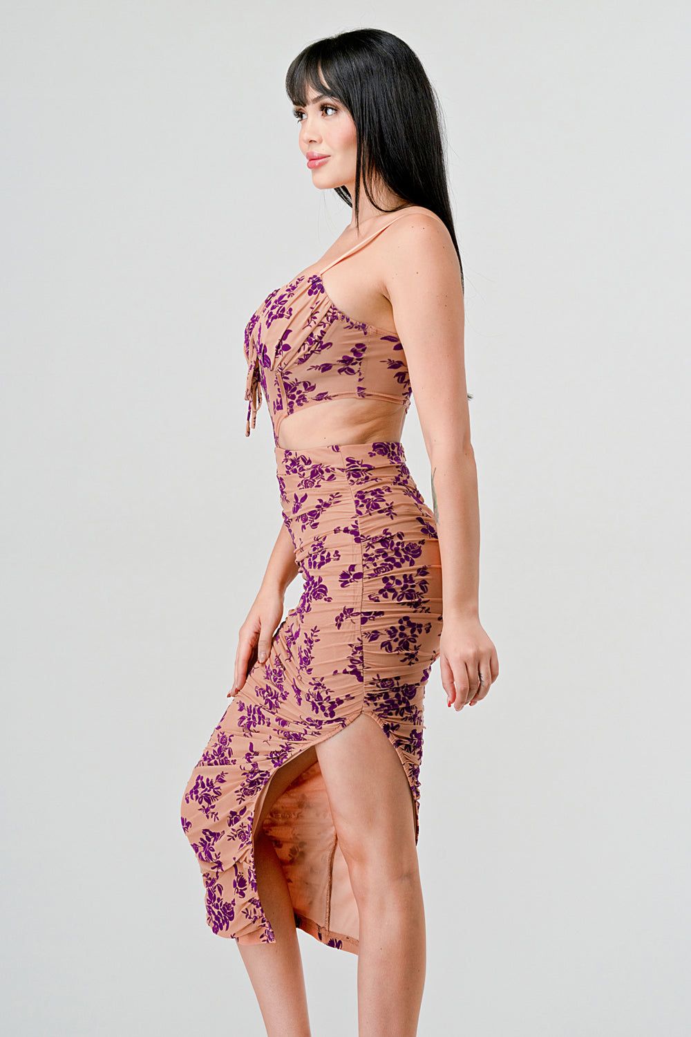 PD74359E / VELVET MESH FLOCKING CUTOUTS SIDE SLIT DRESS sold by privy product image thumbnail 2