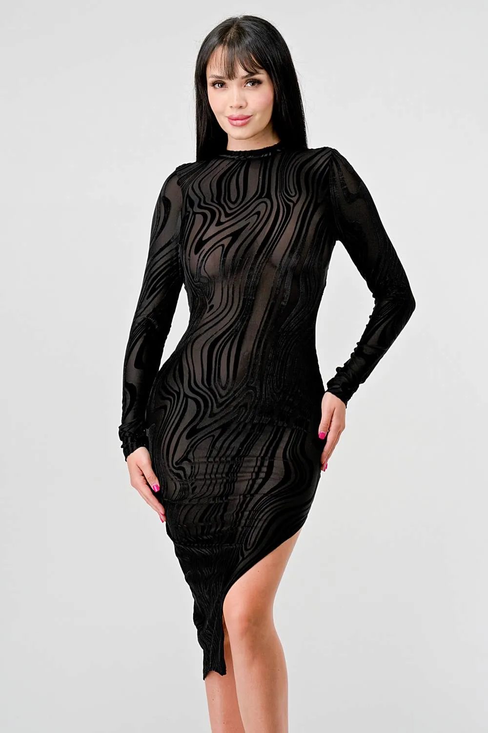 MESH VELVET BURNOUT MOCK NECK OPEN BACK MIDI DRESS sold by privy product image thumbnail 2