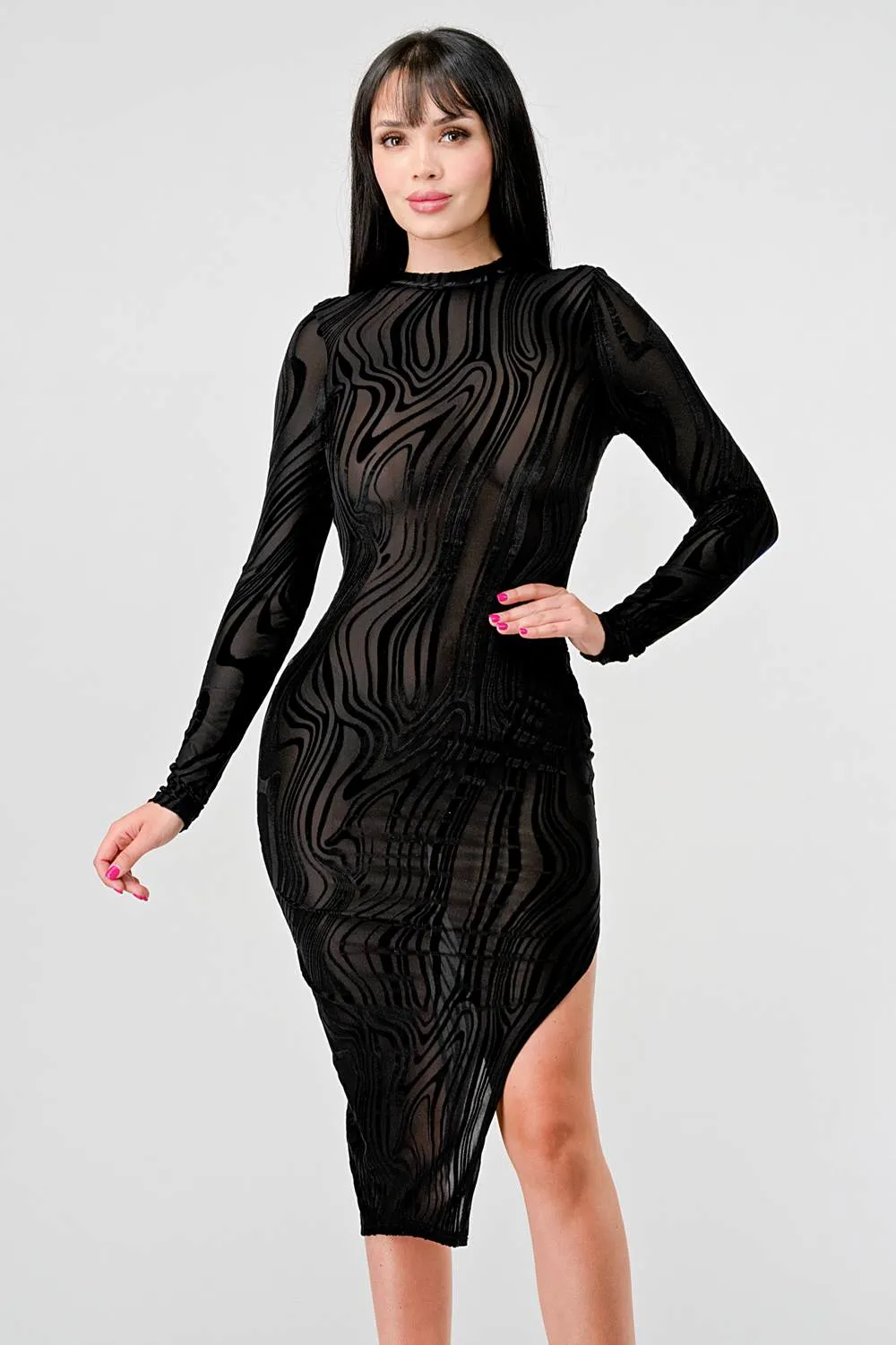 MESH VELVET BURNOUT MOCK NECK OPEN BACK MIDI DRESS sold by privy