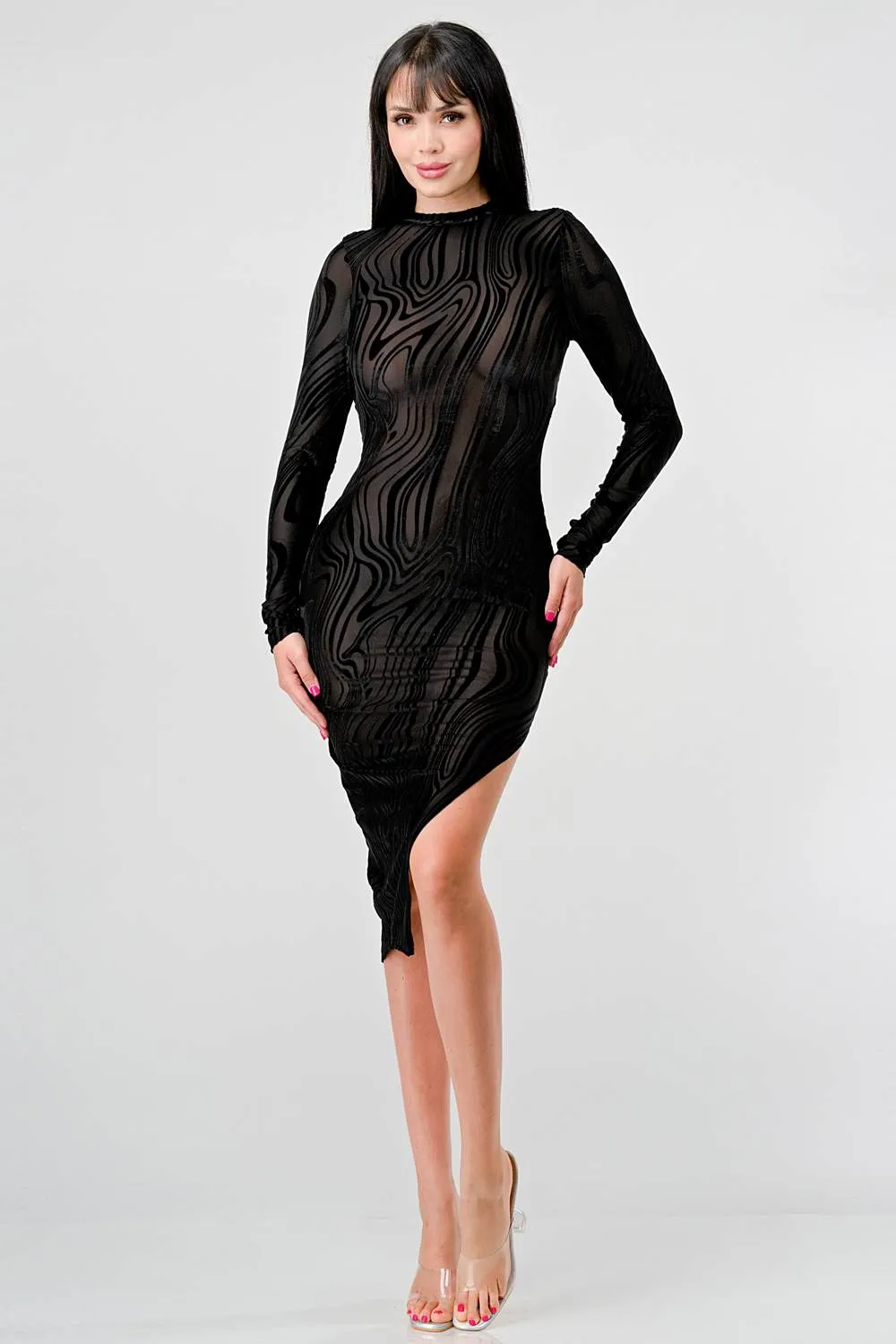 MESH VELVET BURNOUT MOCK NECK OPEN BACK MIDI DRESS sold by privy product image thumbnail 5