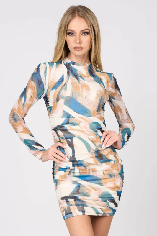 LUXE ABSTRACT PRINT MESH OPEN BACK MINI DRESS sold by privy