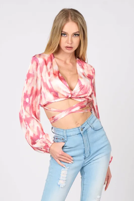 ABSTRACT PRINTED TWISTED DEEP V-NECK CROPPED TOP sold by privy