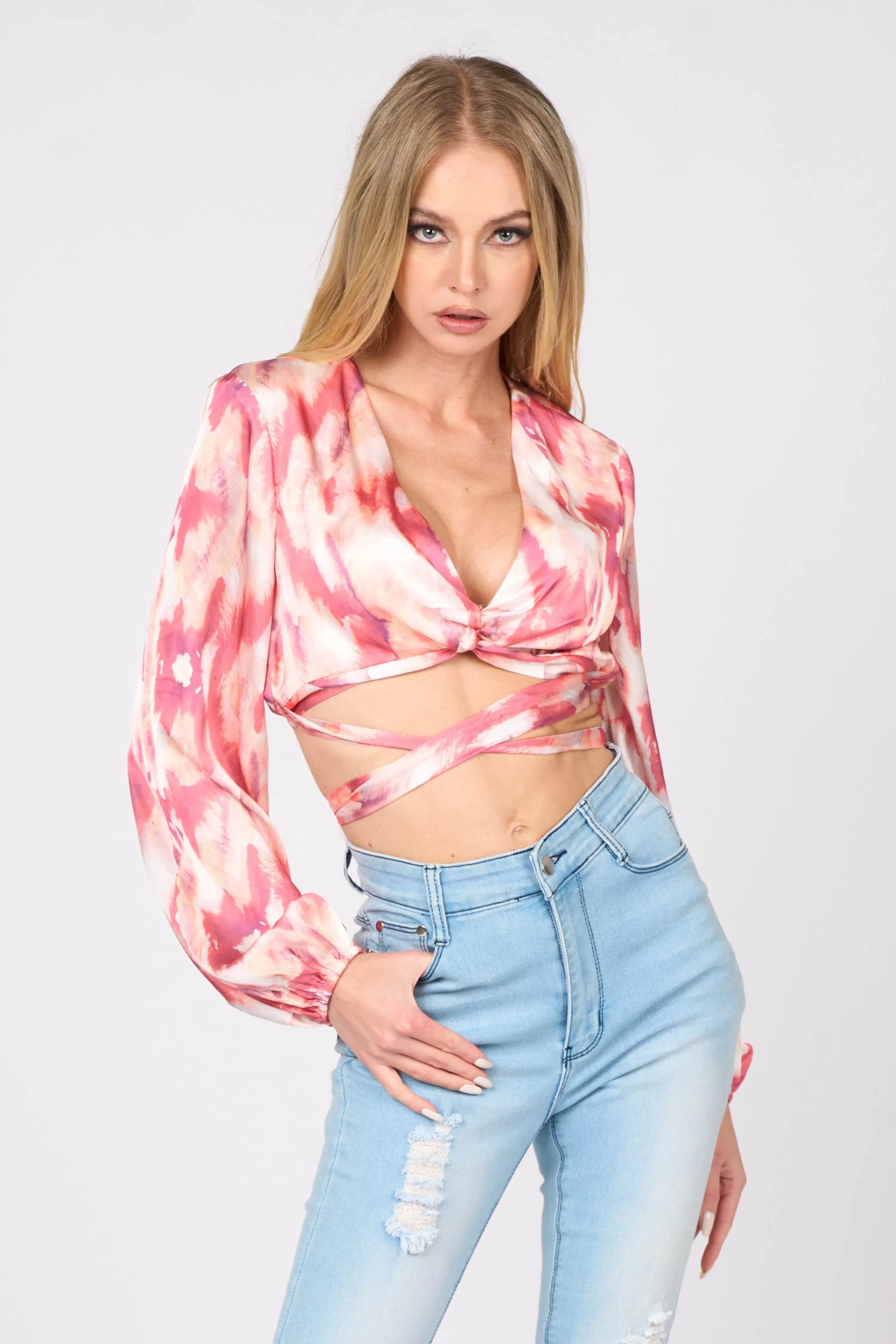 ABSTRACT PRINTED TWISTED DEEP V-NECK CROPPED TOP sold by privy