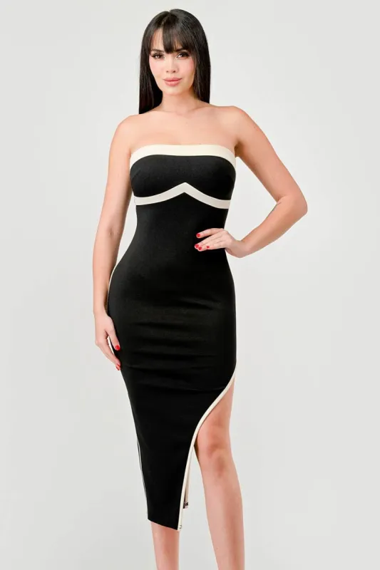 PD76785K-W / LUXE NYLON PONTE CONTRAST SLITTED MIDI TUBE DRESS sold by privy