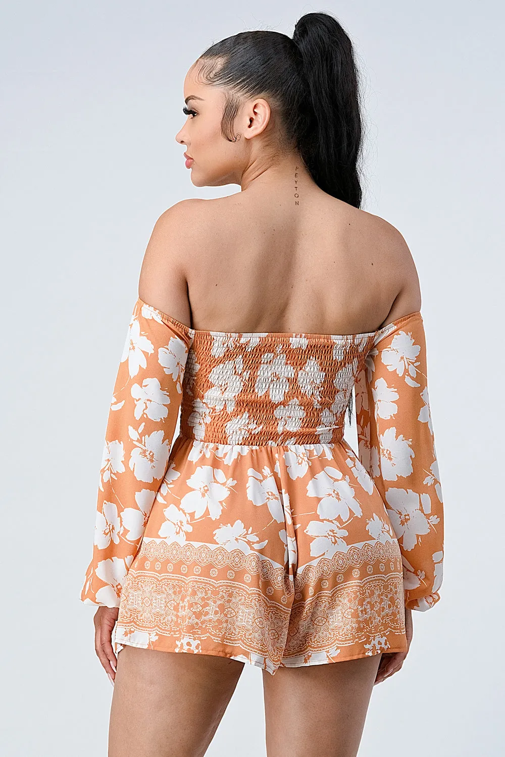 BOHEMIAN OFF SHOULDER SMOKED KNOT KEYHOLE ROMPERS sold by privy product image thumbnail 4