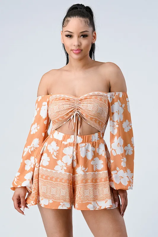 BOHEMIAN OFF SHOULDER SMOKED KNOT KEYHOLE ROMPERS sold by privy