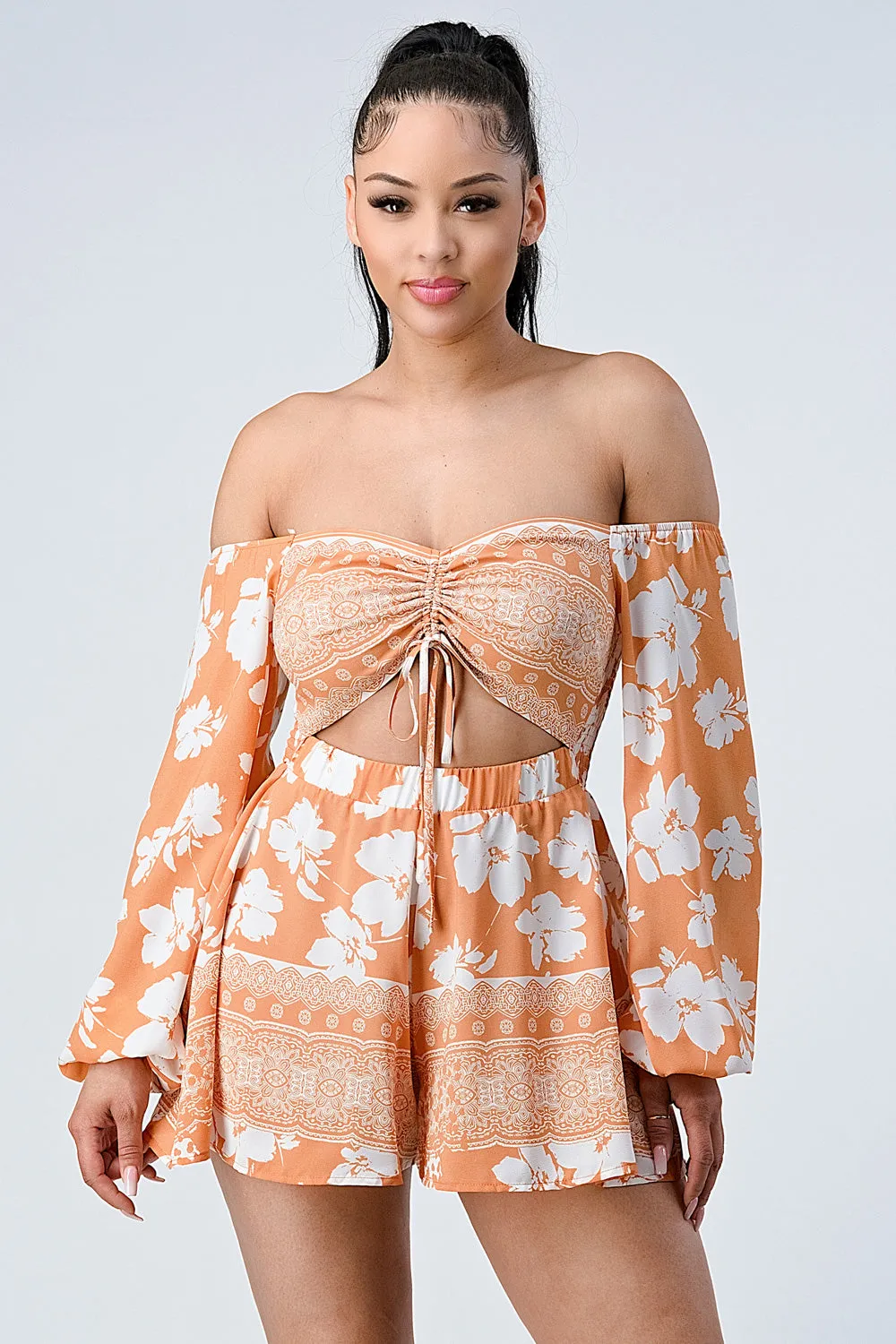 BOHEMIAN OFF SHOULDER SMOKED KNOT KEYHOLE ROMPERS sold by privy