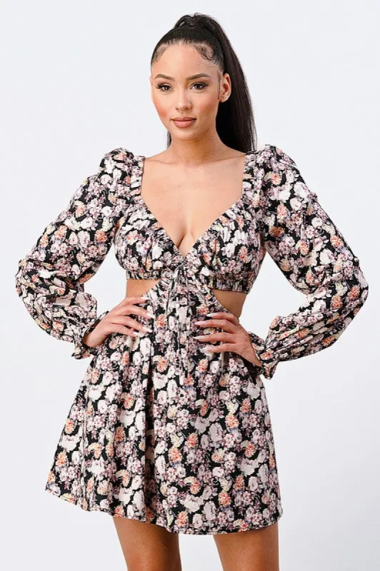 FLORAL SMOCKED RIBBON CUT OUT BUBBLE SLEEVES DRESS sold by privy