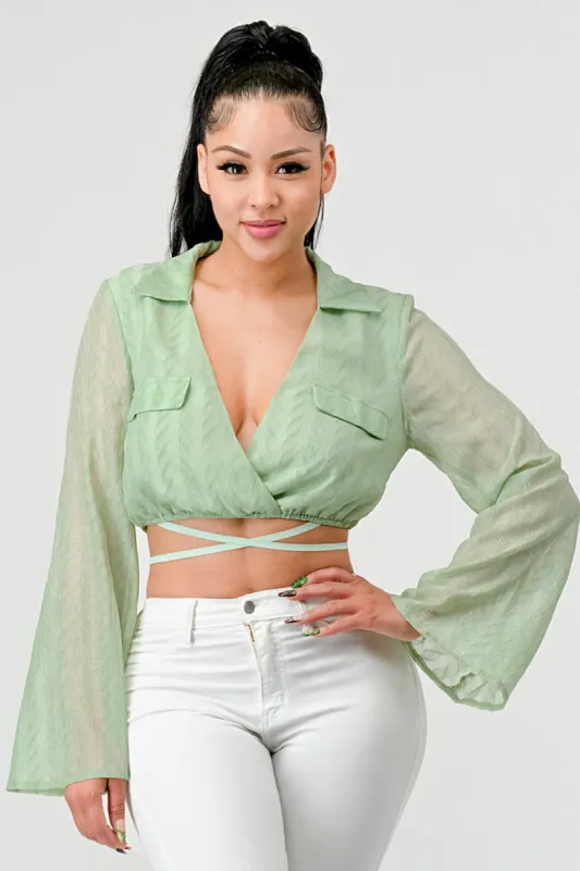 CRINKLED SATIN DRAWSTRING CROPPED SHIRT TOP sold by privy