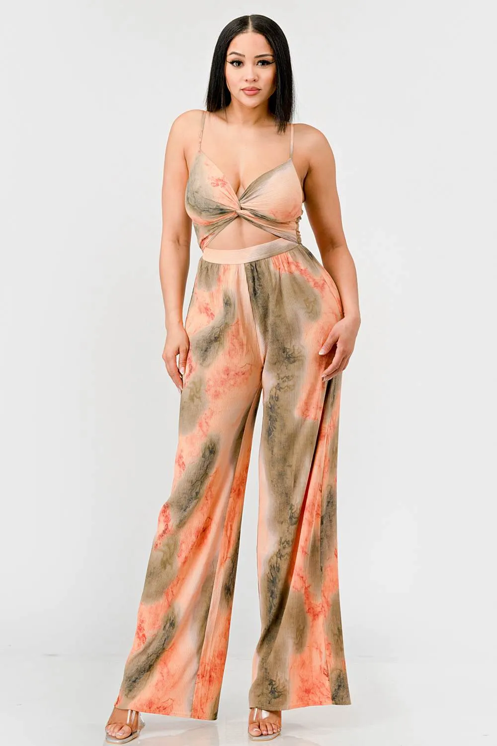 TIE DYE PRINT TWSIT KEYHOLE SMOCKED BACK JUMPSUIT sold by privy