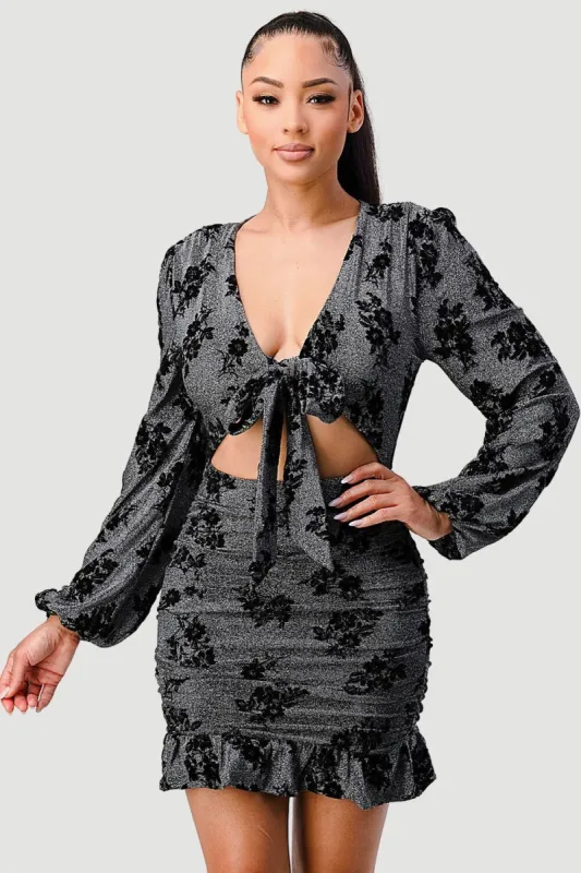 LUXE FLORAL FLOCKING LUREX KNOT FRONT MINI DRESS sold by privy
