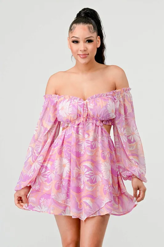 FLORAL PEBBLE CHIFFON PRINT RUFFLE MINI DRESS sold by privy