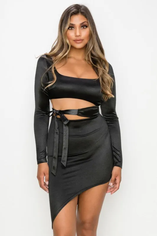 SATIN WAIST RIBBON-TIE ASYMMETRICAL BODYCON DRESS sold by privy