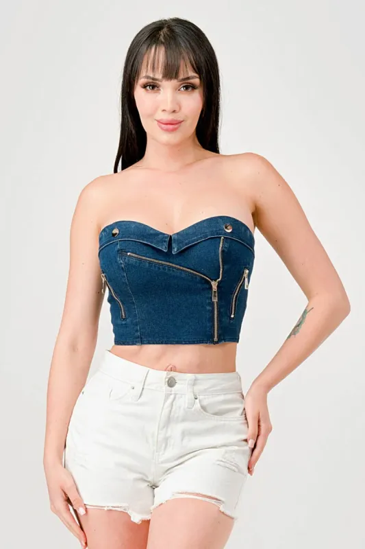 SEXY WASHED DENIM ZIPPER DETAIL BUSTIER TUBE TOP sold by privy