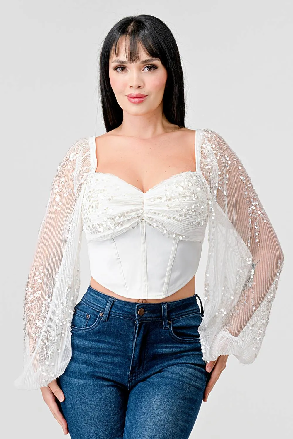 LUXE SEQUINS SWEETHEART PLEATED COREST TOP sold by privy