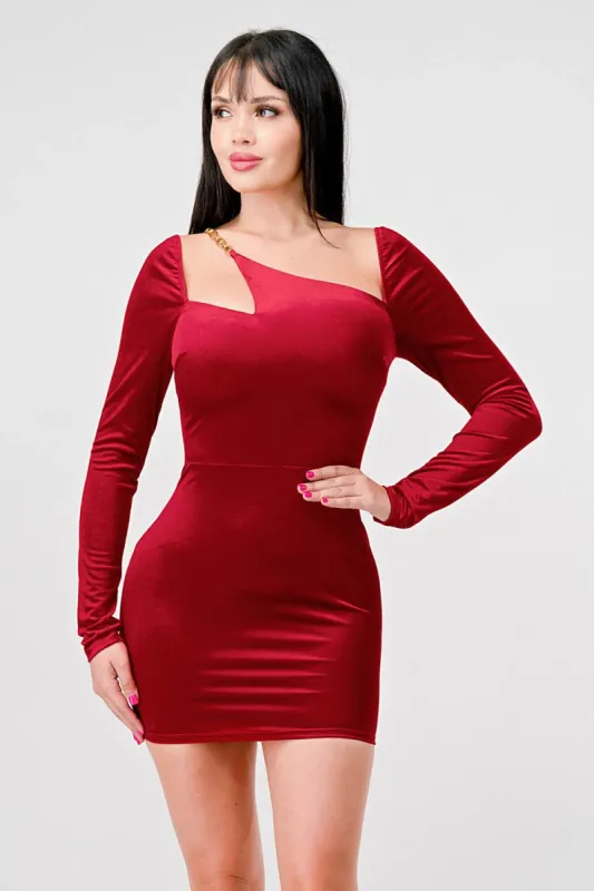 SHINY STRETCH VELVET GOLD CHAIN BODYCON MINI DRESS sold by privy