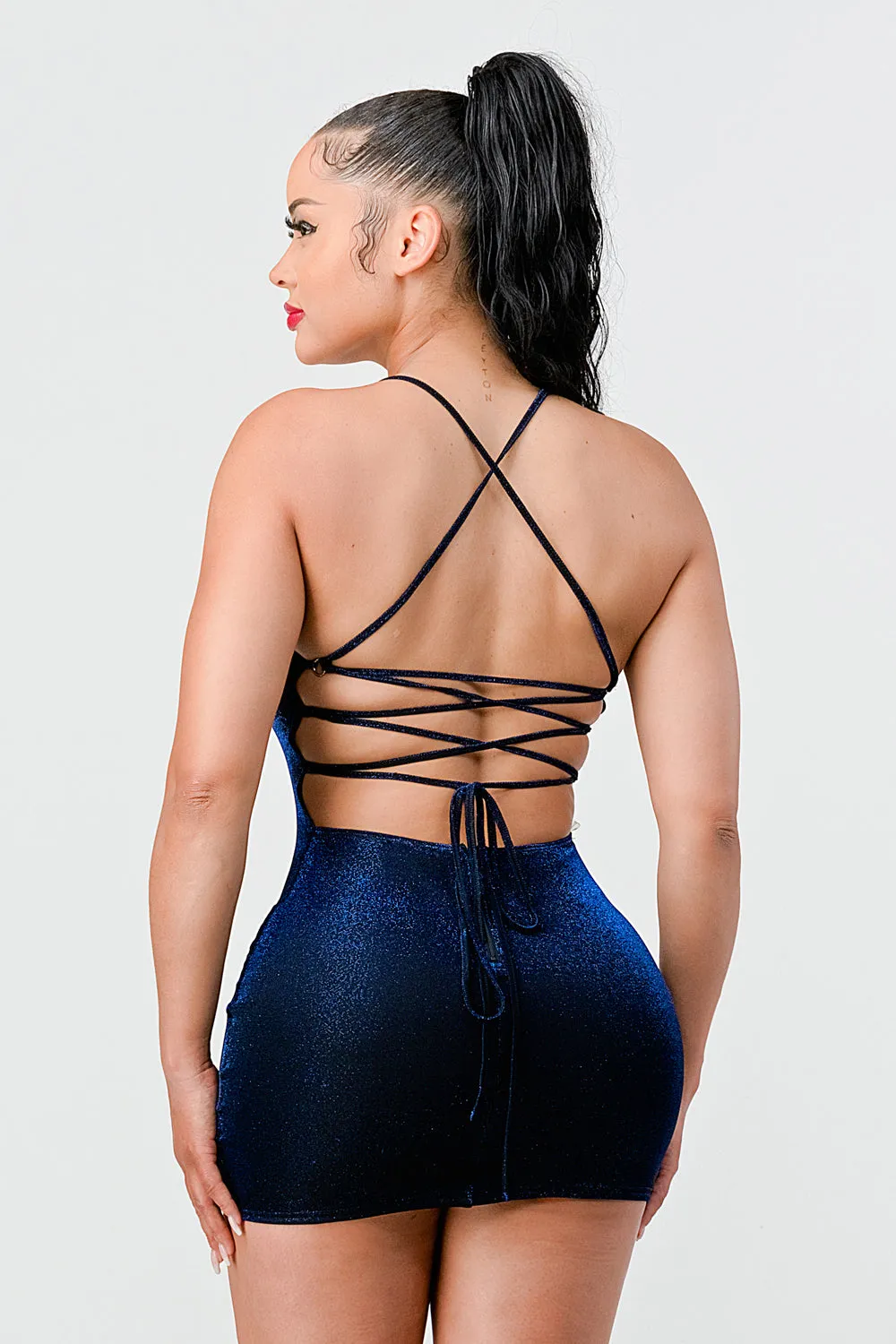 LUX DRAWSTRING LACE UP BACK GLITTER MINI DRESS sold by privy product image thumbnail 3