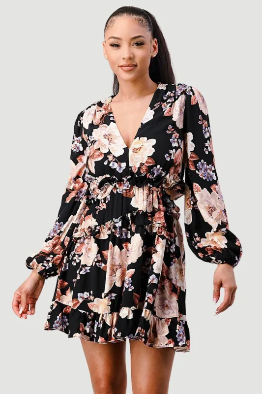 FLORAL CHIFFON V-NECK SIDE CUT-OUT RUFFLED DRESS sold by privy