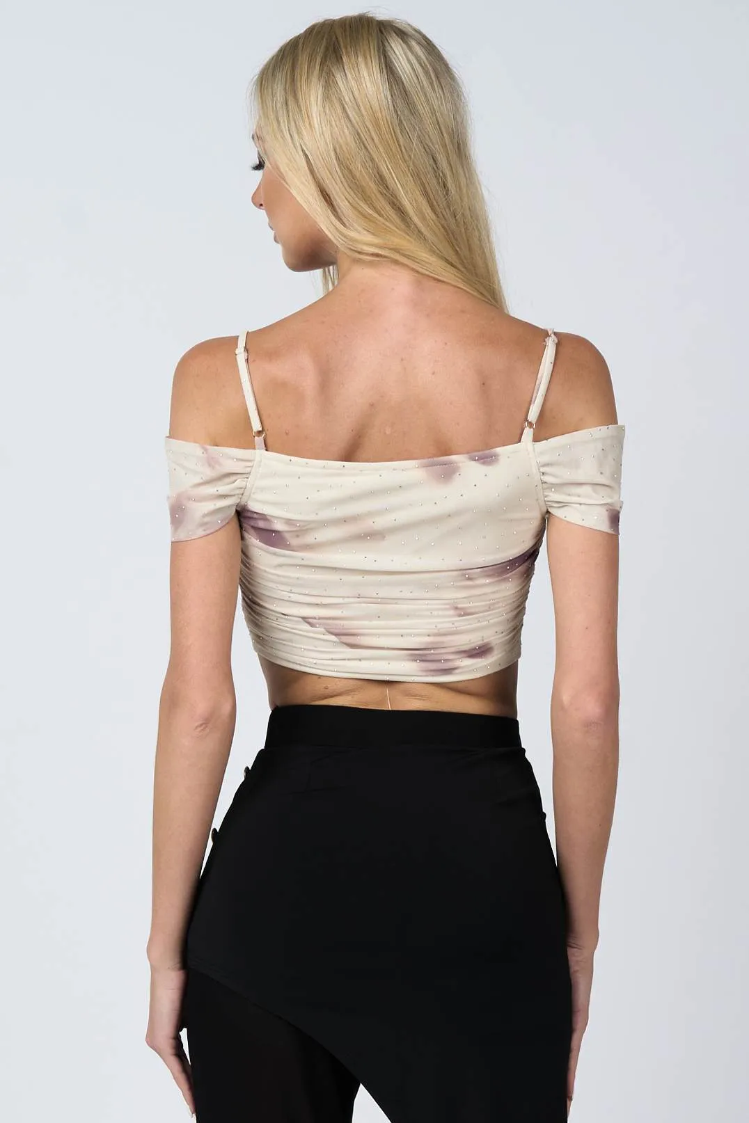 MARBLE MESH HOTFIX STONES OFF SHOULDER CROPPED TOP sold by privy product image thumbnail 3