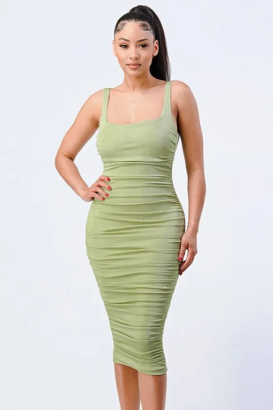 LUXE SQUARE NECK SHIRRING BODYCON MIDI DRESS sold by privy