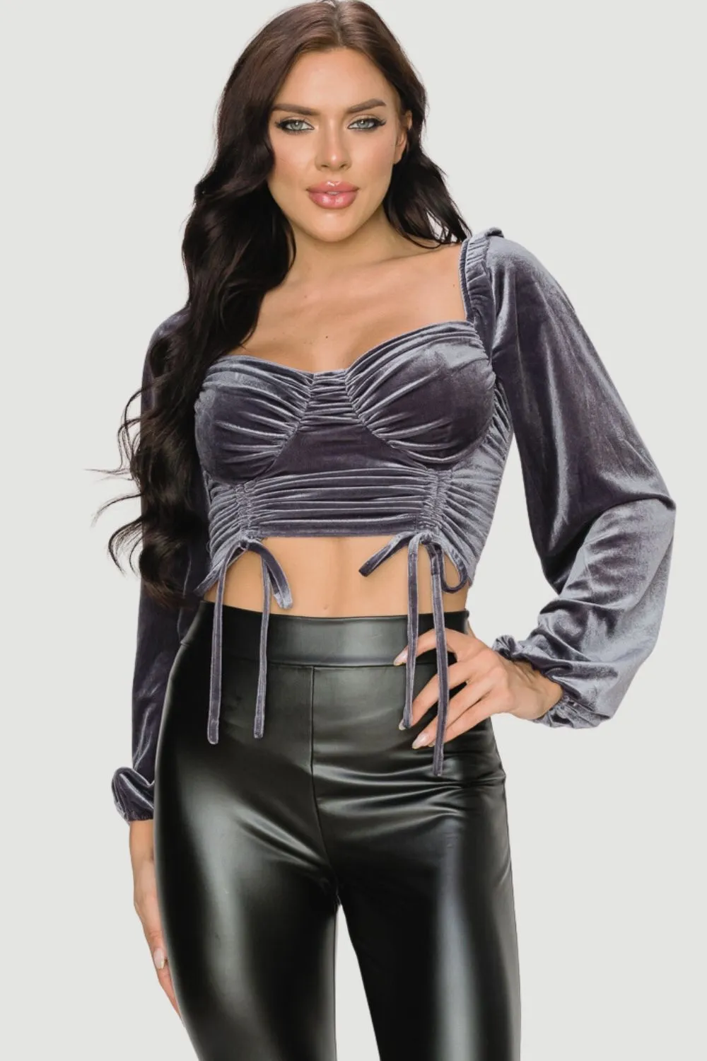 VELVET SWEETHEART FRONT SHIRRING CROPPED TOP sold by privy