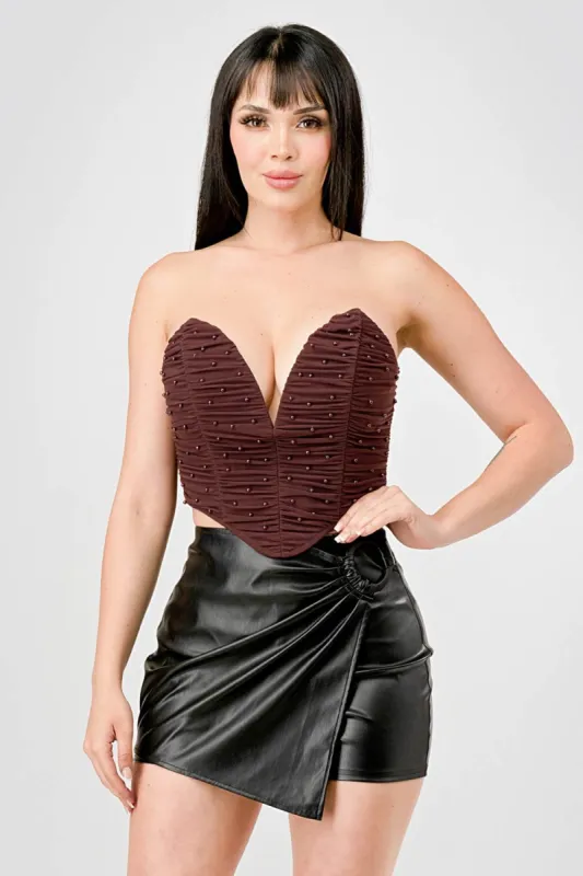 LUXE PEARL MESH HEART SHAPED BUSTIER CROPPED TOP sold by privy